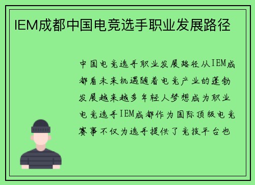 IEM成都中国电竞选手职业发展路径